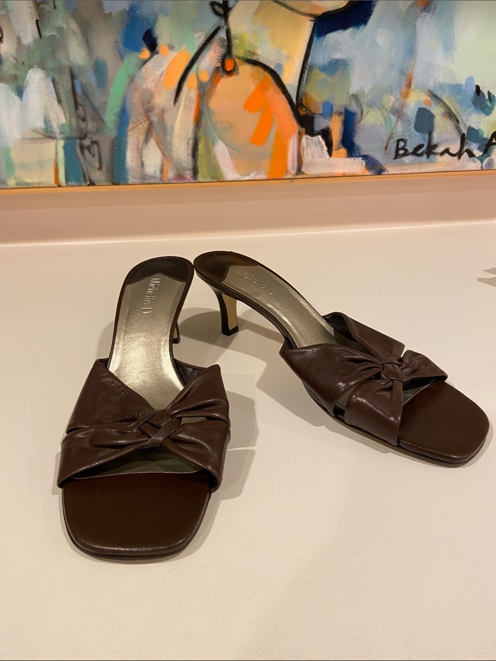 Michelle D Brown Knot-Front Leather Slide Mules
